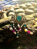 Vintage Artisan Handmade Multicolor Pink Green Beads Gold Tone Dangle Brooch Pin