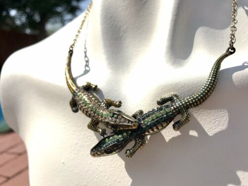 Unique Gold Tone Green + Orange Rhinestone Crocodile Alligator Choker Necklace