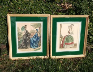Antique 1860 Watercolor Etching Paris Picture Matted & Framed Artwork set of 2