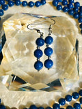 Vintage Hand Knotted Blue Lapis Lazuli Stone Beaded 3 Row Necklace Earring Set