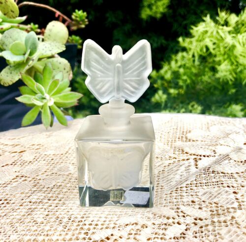Vintage Schmid Frosted Cameo Glass Perfume Bottle w Butterfly Designs + Stopper