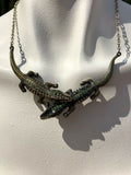 Unique Gold Tone Green + Orange Rhinestone Crocodile Alligator Choker Necklace