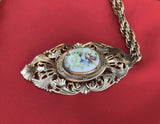 Vintage Victorian Style Gold Tone Filigree Floral Porcelain Locket Necklace