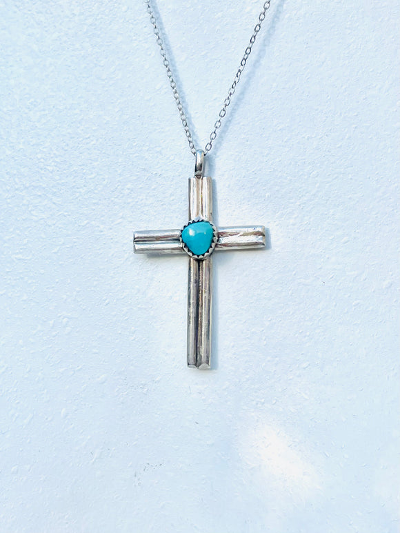 925 Sterling Silver Turquoise Stone Religious Crucifix Cross Pendant Necklace