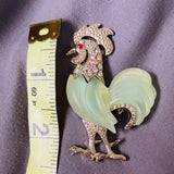 Green Jade Gold Tone Rhinestone Rooster Chicken Cock Fashion Brooch Pin