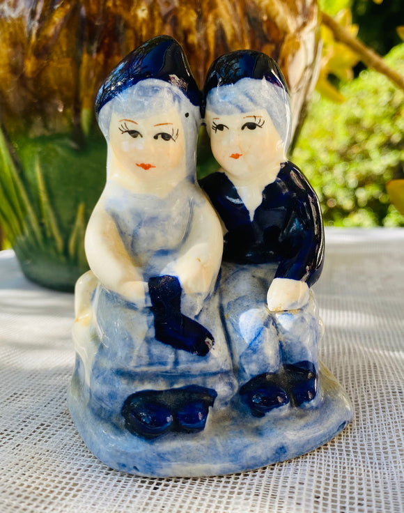 Vintage Blue Tone Ceramic Couple Figurine Hand Painted Signed by Artist