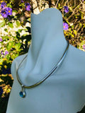 Italian Sterling Silver 925 Flat Omega Chain Choker EAS Blue Stone Necklace