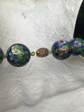 Chinese Large Cloisonne Enamel Floral Round Knot Beaded Gold Tone Blue Necklace
