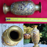 Meiji Period Antique Japanese Bronze Inlay Brass Mixed Metal Ornate Bird Vase