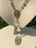 Beautiful Faux Pearl Rhinestone Beaded Gold Tone Rosary Religious Necklace