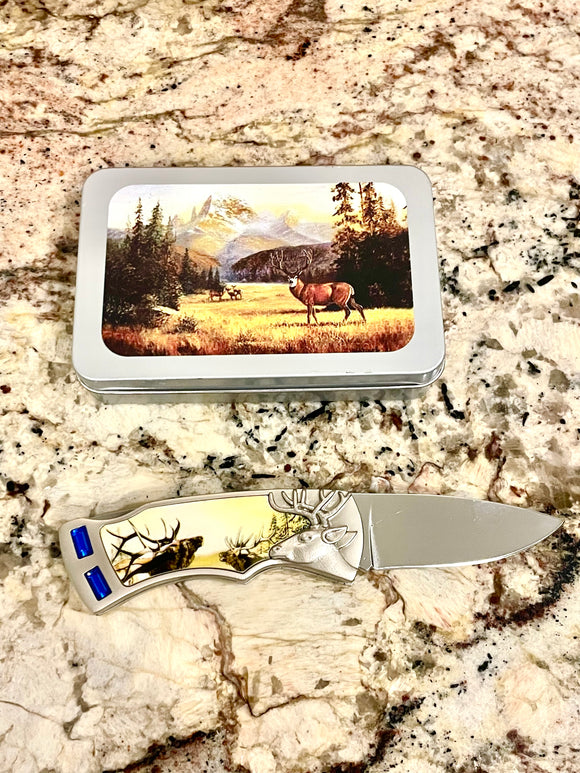 Deer Buck Lockback Stainless Steel Folding Pocket Knife Blade Blue Stone NIB