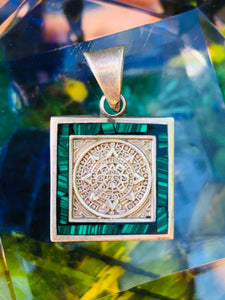 Vintage Sterling Silver 925 Mexico Malachite Mayan Aztec Calendar 6.43g Pendant