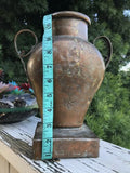 Antique Solid Copper Floral Etched Vase Welded w Handles Signed Iran Persia