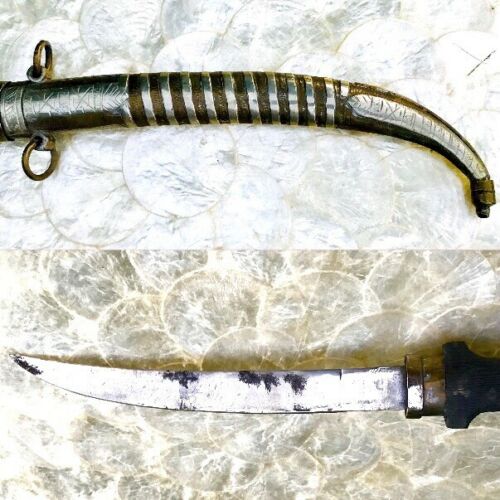 Antique Middle Eastern Curved Dagger Knife w Brass/Metal Sheath + Wooden Handle