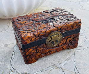 Vintage Relief Floral Bird Art Wood Carved Brass Red Felt Jewelry Trinket Box