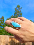 Signed 925 Sterling Silver Blue Caribbean Larimar Stone Long Ring 8.65g Size 7.5
