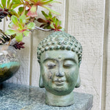 Antique Verdigris Bronze Tone Metal Buddha Face Head Figure Buddhist Art Decor