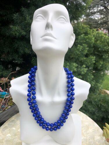 Blue Round Lapis Lazuli Large 14mm Stone Bead knotted 12” Long Necklace Vintage