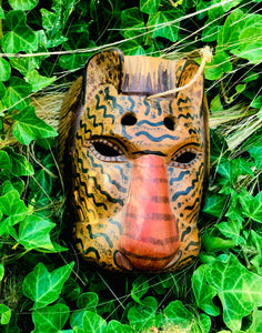 Antique Wood Carved Handmade Tribal Wild Cat Tiger Ceremonial Folk Art Mask