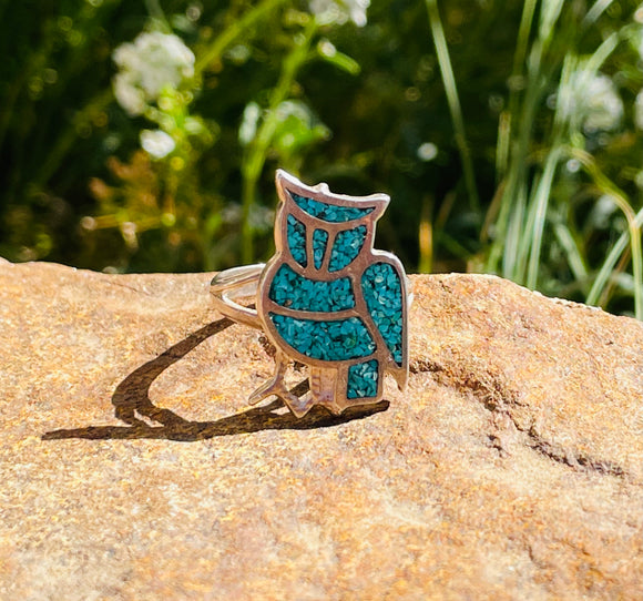 Sterling Silver 925 Blue Turquoise Stone Mosaic Owl Ring 5.17g Size 7.75