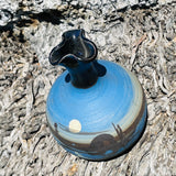 Hand Painted Blue Black Signed Scenic Boat Lake Mini Art Pottery Decorative Vase