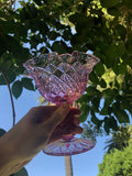Vintage Ruffle Faceted Pink Art Glass Candy Diamond Lace Goblet Cup