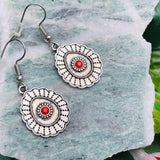 Silver Tone Mandala Red Stone Pierced Dangle Drop Hanging Fashion Earrings