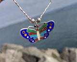 Multi Color Cloisonne Enamel Sterling Silver Butterfly Necklace