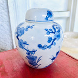 Chinese Signed Antique Porcelain Blue White Bird Floral Urn Jar Container w Lid