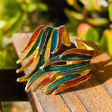 Vintage Enamel Multi Color Gold Tone Wing Flair Fashion Pierced Earrings