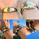 Vintage Dolphins Bangle Gold Tone Brass Dolphin Cuff Hinged Chunky Bracelet