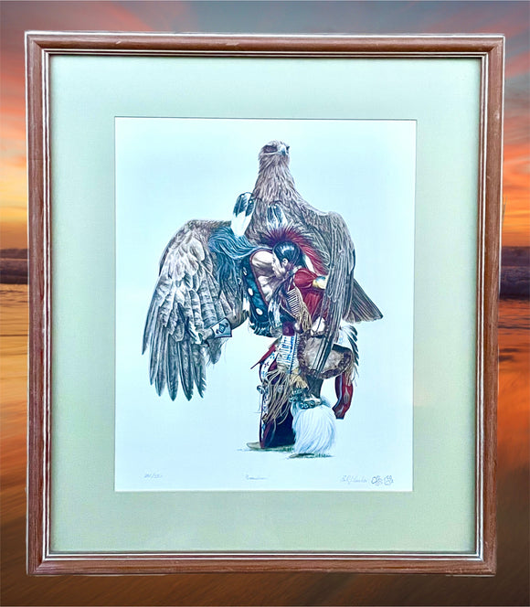 25x21 Guardian Signed Earl J. Cacho Native American Eagle Bird Framed Matted Art