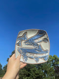 Signed B Artist Antique Ceramic Glazed Pottery Blue Fish Plate Dish Art Decor