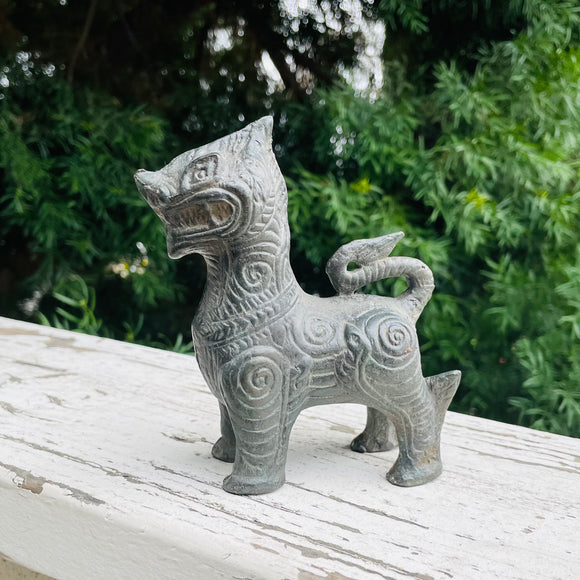Antique Asian Metal Fierce Lion Foo Dog Decorative Art Figurine Statue Relic
