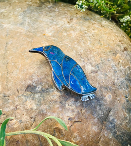 Vintage Penguin Sterling Silver Signed 980 Blue Lapis Lazuli Bird Brooch Pin