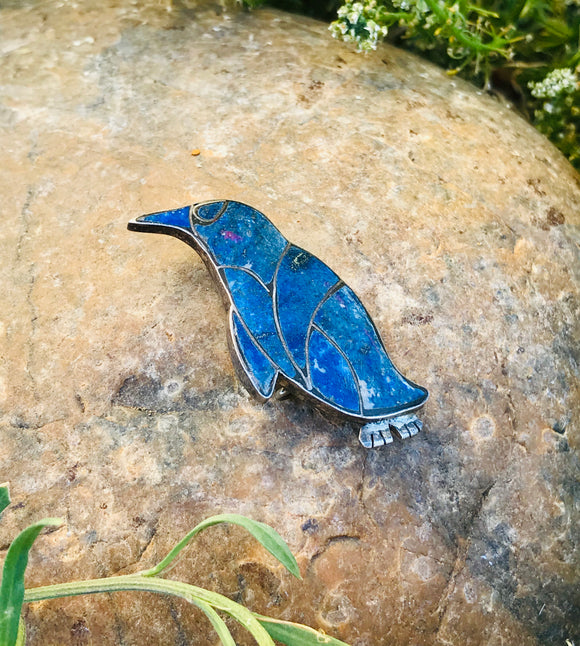 Vintage Penguin Sterling Silver Signed 980 Blue Lapis Lazuli Bird Brooch Pin