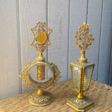 Vintage Filigree Floral Gold Vanity Glass Beveled Set of 2 Perfume Bottles