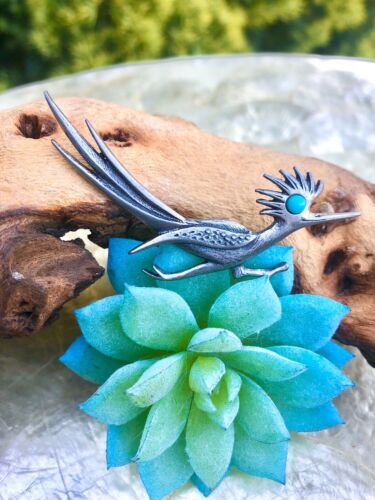 Vintage J Ritter Roadrunner Brooch Pin Faux Turquoise Eye Silver Tone Signed