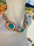 Faux Turquoise Blue Stone Gold Tone Link Statement Link Choker Necklace