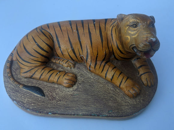 Vintage Artisan Hand Painted Stone Tiger Wild Cat Figurine Art Sculpture
