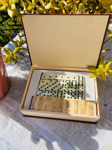 Vintage Two In One Dominoes And Wood Pieces Tip Tower Game Set in Box