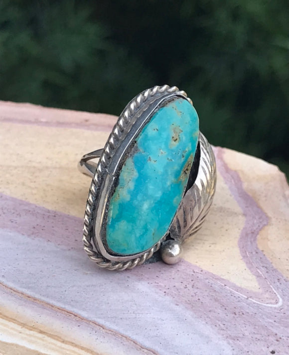 Vintage Sterling Silver 925 Blue Turquoise Leaf Native American Ring Size 6