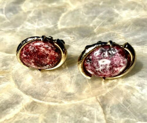 Vintage Gold Tone Metal Oval Cuff Links w Red Pink Black + White Stripes