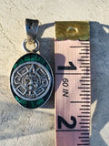 Antique Green Malachite Mexican Aztec Mayan Calendar Sterling Silver 925 Pendant