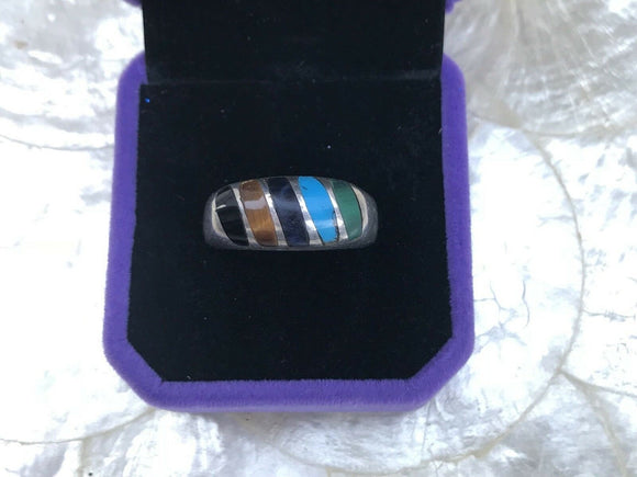 Vintage Mexican Sterling Silver Turquoise, Onyx, Lapis, Tigers Eye And Jade Multi Stone Ring
