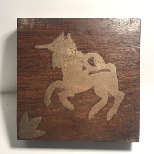 Vintage Brass Inlay Unicorn Horse Wood Box Made In India