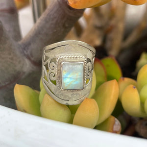 Vintage Sterling Silver 925 Ornate Moonstone Band Moon Stone Ring 4g Size 6.5-7