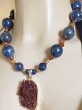 Handmade Large Lapis Lazuli Bead with Citrine Druzy Cluster Pendant Necklace and Earring Set