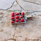 Sterling Silver 925 Red Coral Stone Abstract Geometric Modernist Pendant 4.3g