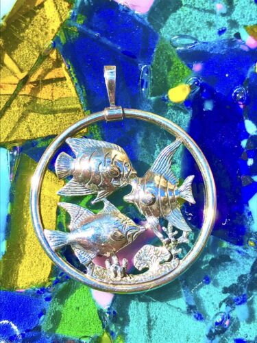 Vintage Designer Kabana Sterling Silver 925 Tropical Fish Coral Reef Pendant